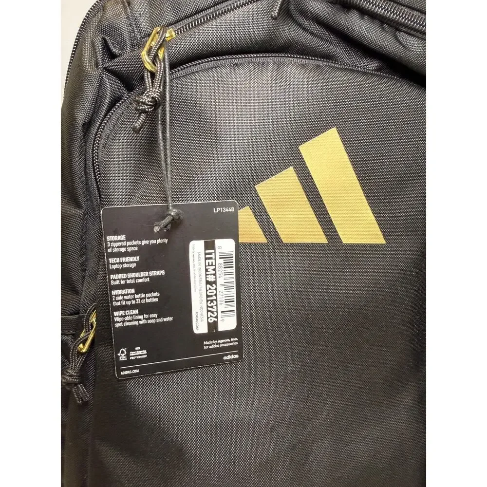 Adidas Classic Backpack Black Gold Logo Laptop School Travel Gym Bookbag NWT